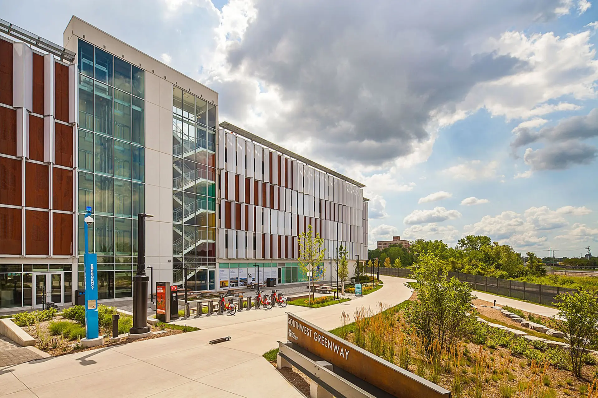 The Bagley Mobility Hub at Michigan Central, viewed from the Southwest Greenway